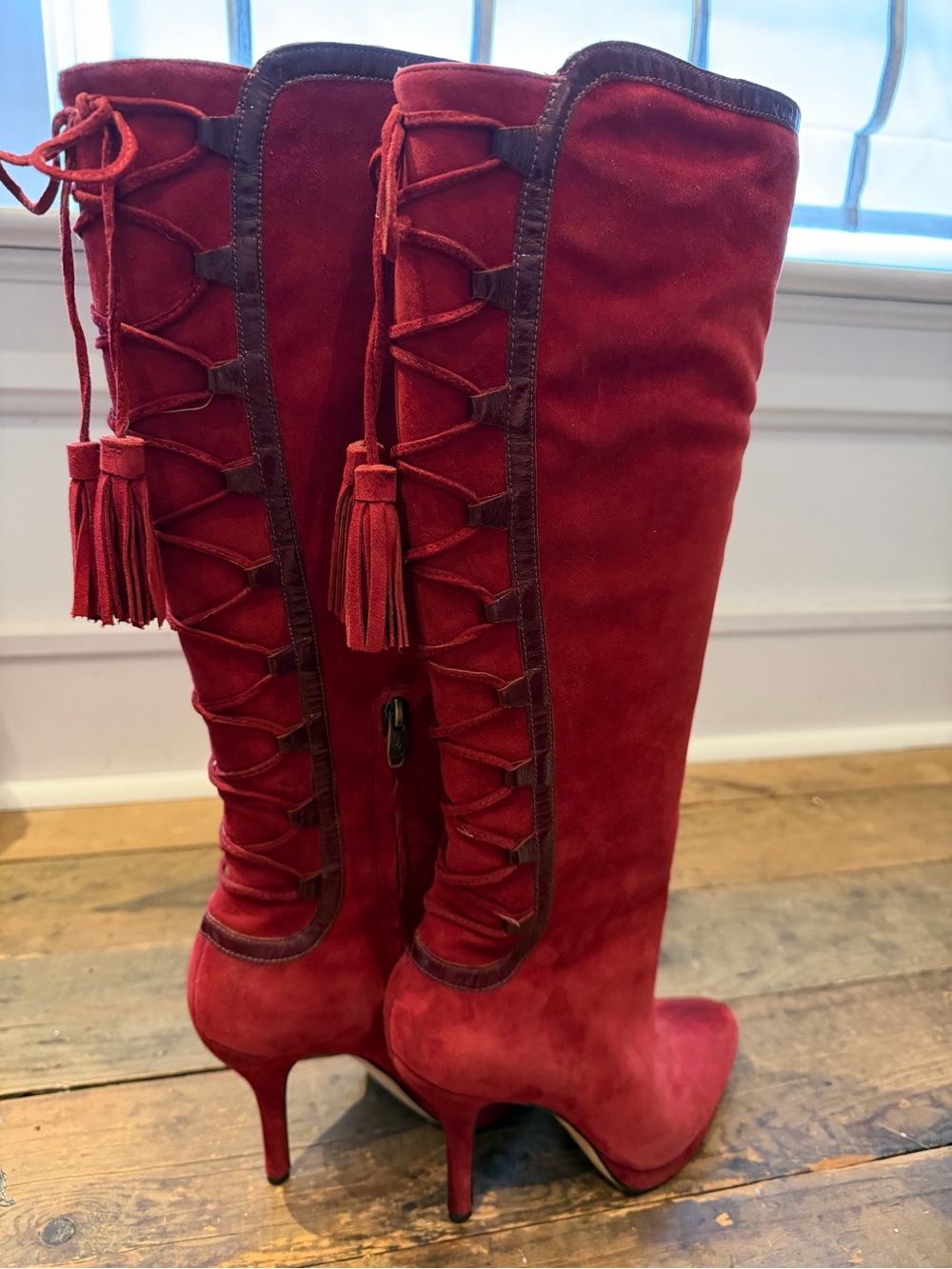 Joan & David Red Suede Tassel Lace-Up Over-the-Knee Boots
